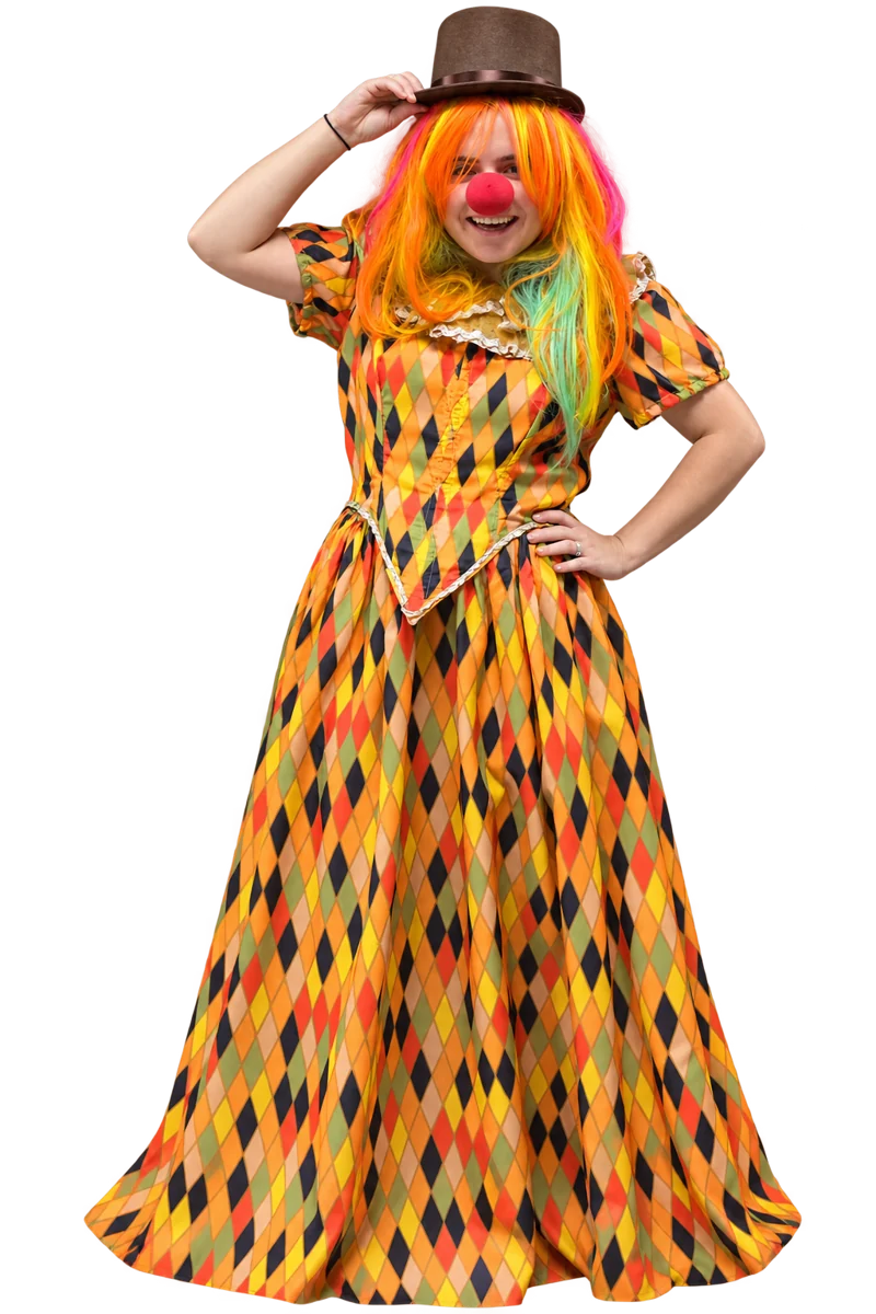 Robe de clown à losanges multicolores, perruque arc-en-ciel et chapeau melon