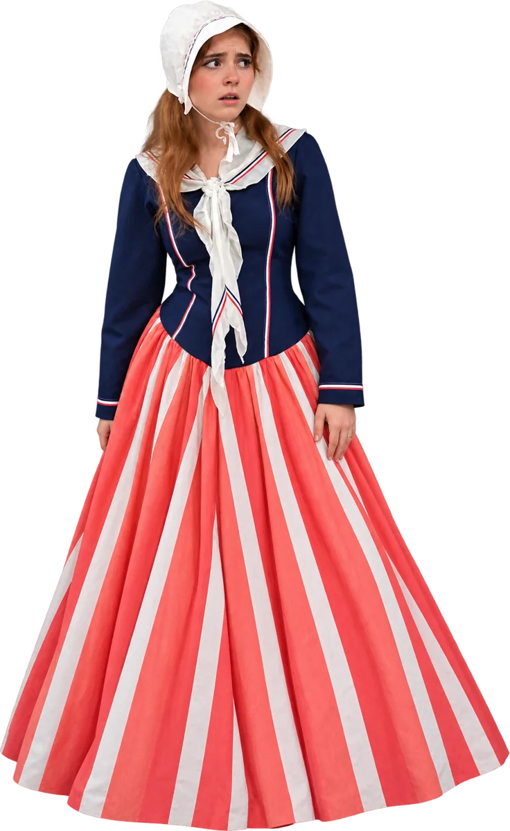 Robe à rayures rouges et blanches, veste bleu marine et bonnet blanc