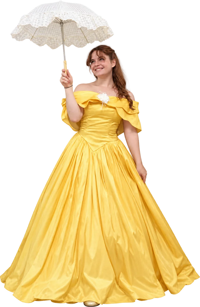 Robe de bal jaune à épaules dénudées et ombrelle en dentelle