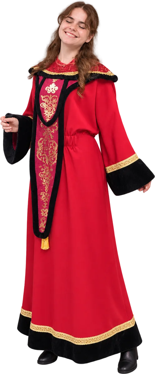 Longue robe rouge brodée d’or aux manches bordées de velours noir