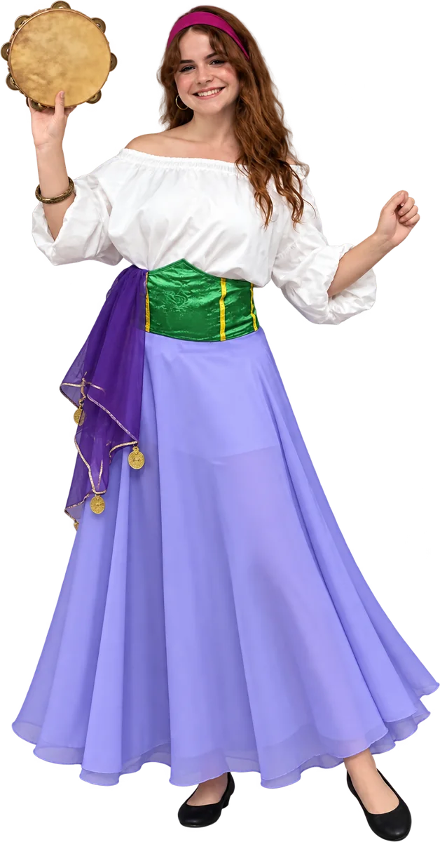 Blouse blanche, ceinture verte, jupe lilas et tambourin
