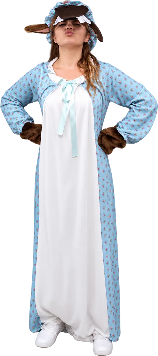 Chemise de nuit fleurie, bonnet à oreilles de loup et pattes poilues