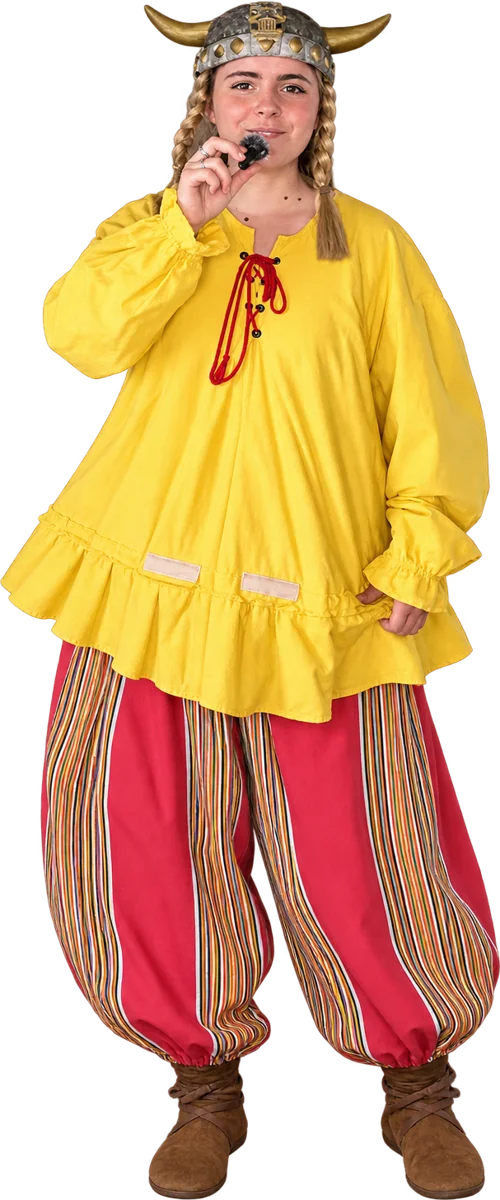 Tunique jaune, pantalon bouffant rayé et casque à cornes