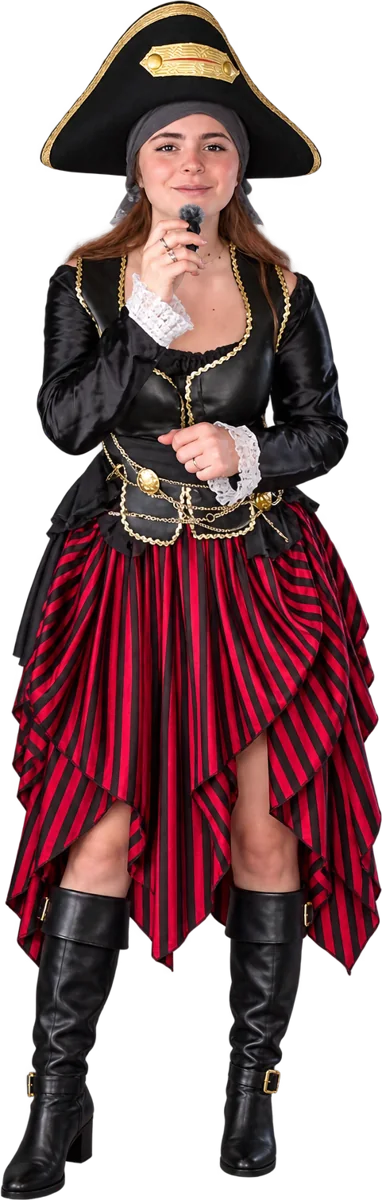 Veste noire galonnée d’or, jupe rayée rouge et noir, tricorne et bottes