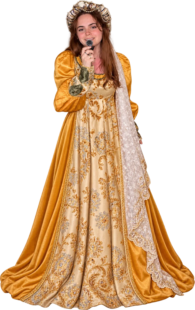 Robe Renaissance dorée brodée, voile de dentelle et coiffe perlée
