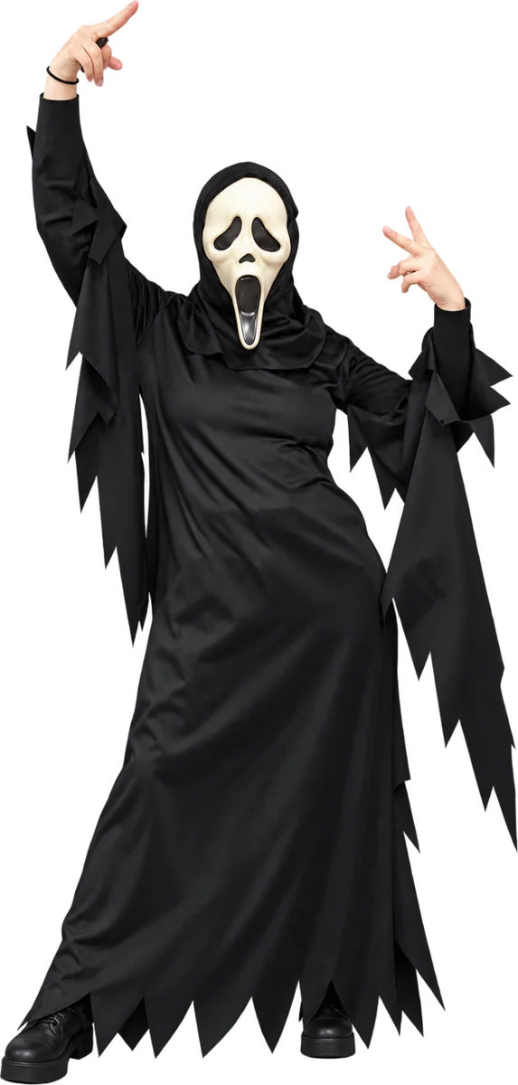 Longue robe noire effilochée à capuche et masque blanc de fantôme hurlant