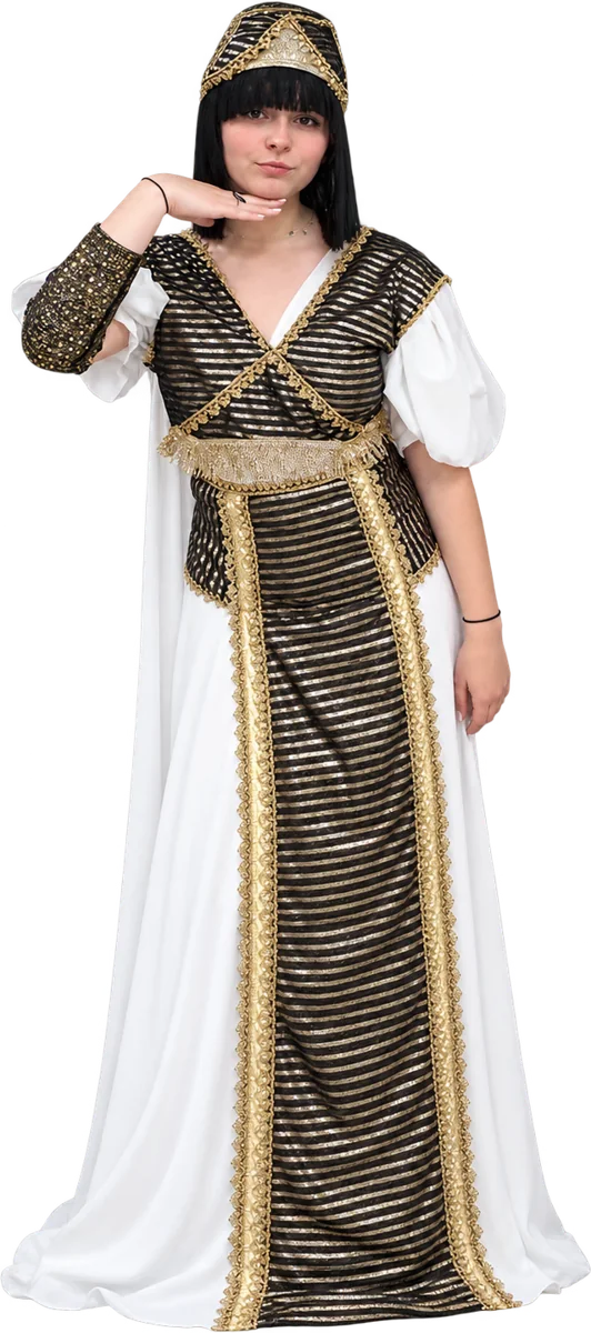 Robe blanche et noire rayée d’or, coiffe égyptienne et perruque noire au carré