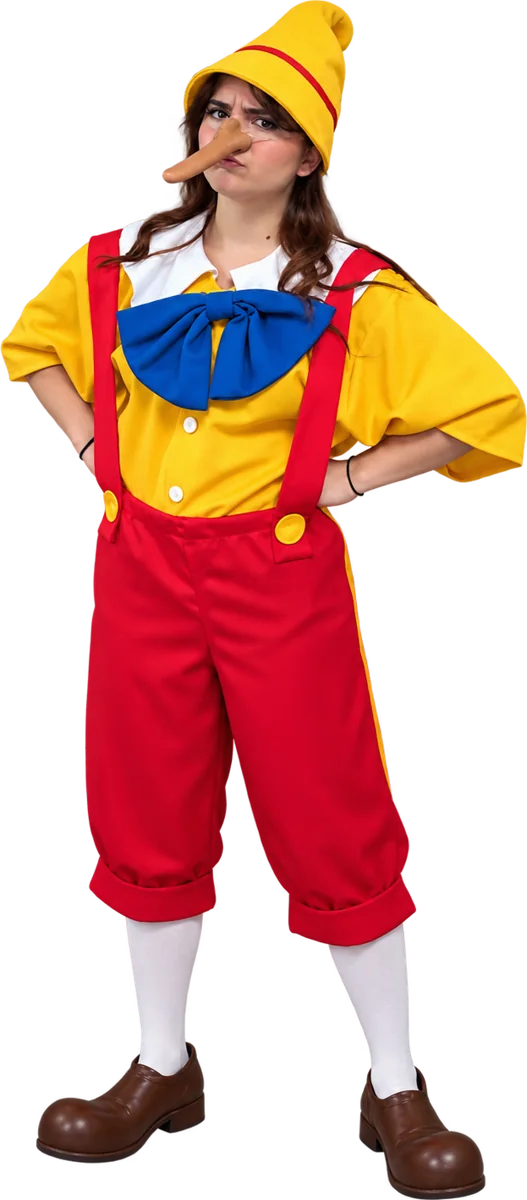 Chemise jaune, nœud bleu, culotte rouge à bretelles, bonnet pointu et long nez