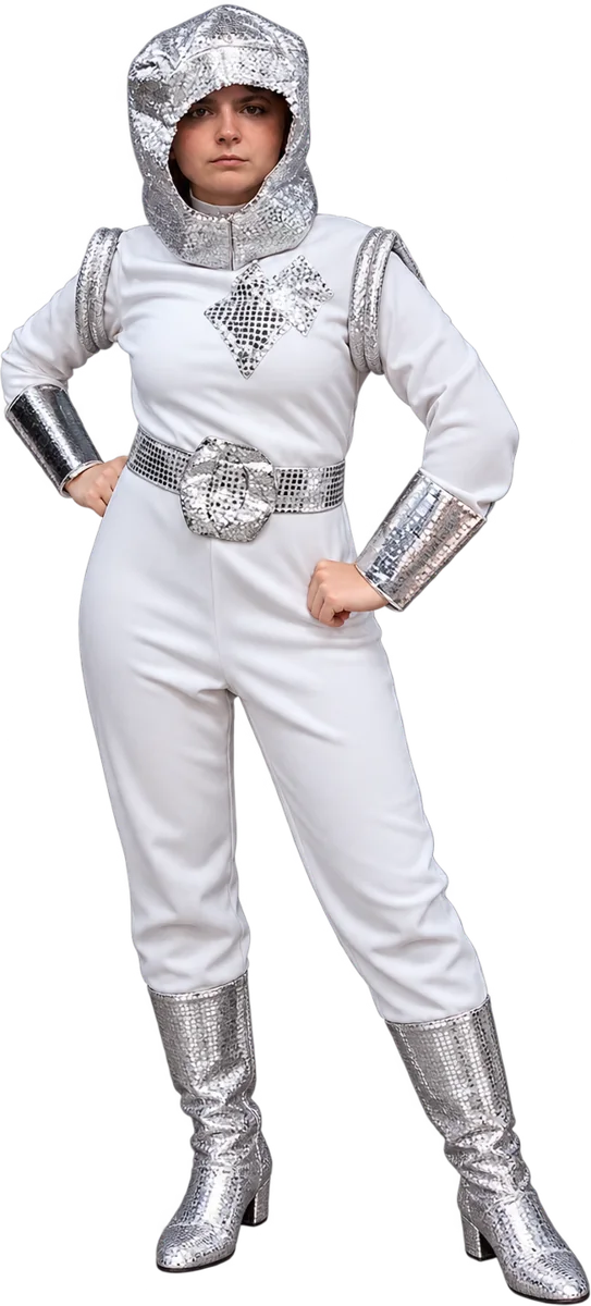 Combinaison blanche à capuche, ceinture et bottes à paillettes argentées
